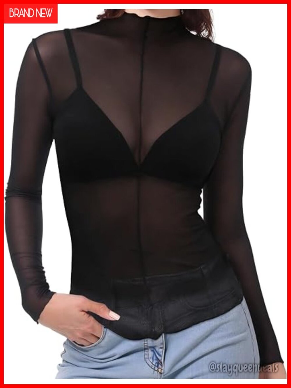 Mesh Long Sleeve Top, Lace Sheer See Through Mock Neck Floral Embroidery Blouse